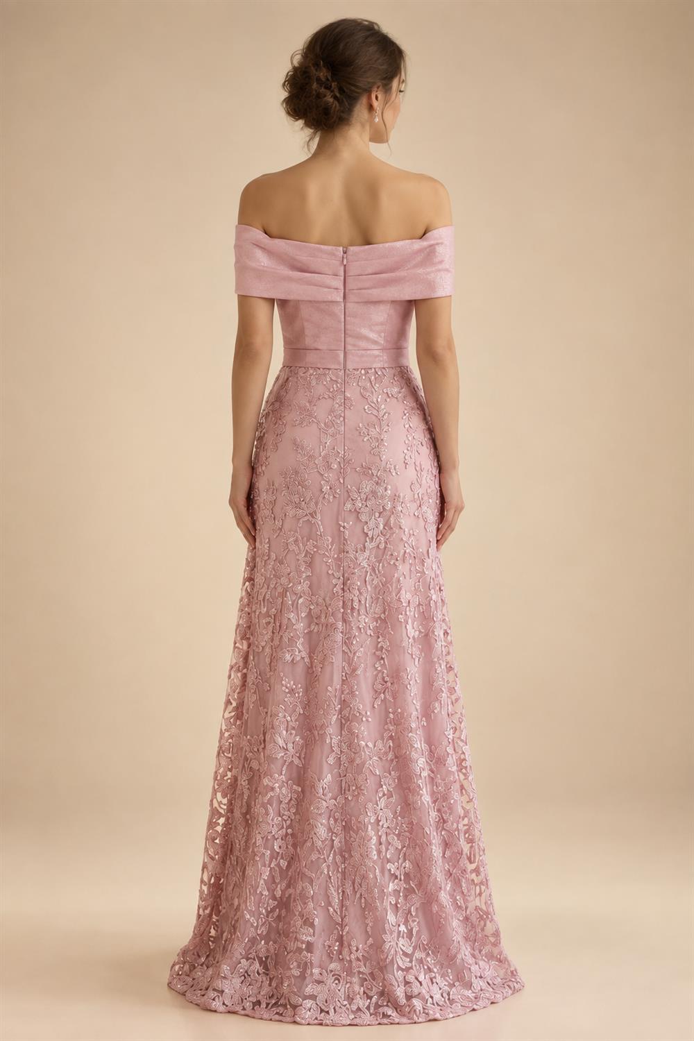 A-Line Metallic Satin Off Shoulder Bow Mother of the Bride & Groom Dresses with Floral Lace Appliques, Ruched Waist & Sweep Train (SHI22500425)