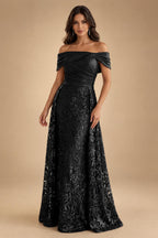 A-Line Metallic Satin Off Shoulder Bow Mother of the Bride & Groom Dresses with Floral Lace Appliques, Ruched Waist & Sweep Train (SHI22500425)