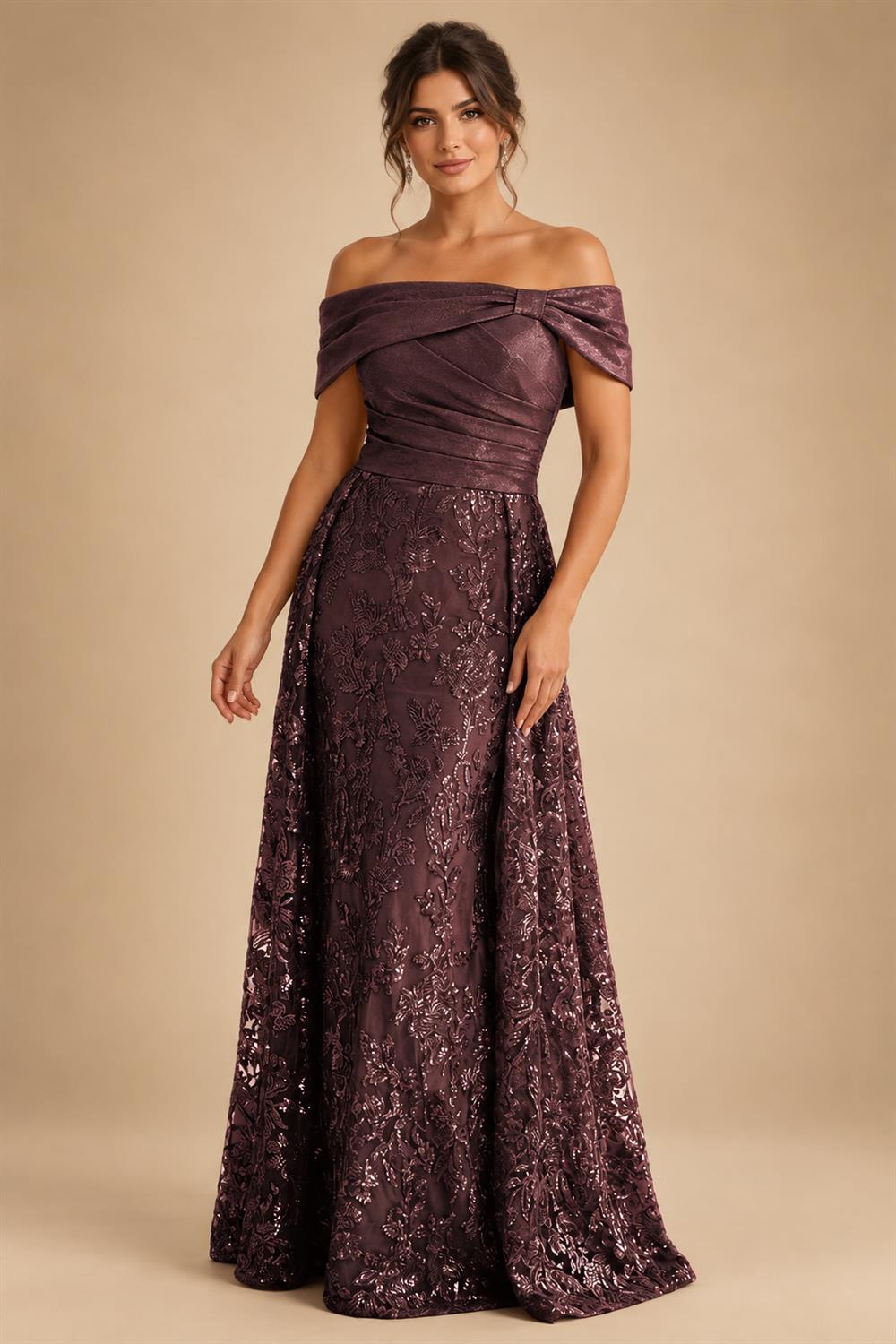 A-Line Metallic Satin Off Shoulder Bow Mother of the Bride & Groom Dresses with Floral Lace Appliques, Ruched Waist & Sweep Train (SHI22500425)
