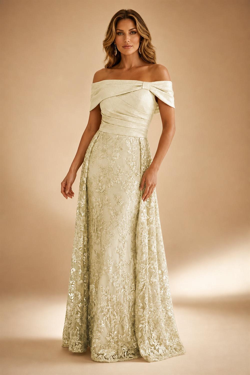 A-Line Metallic Satin Off Shoulder Bow Mother of the Bride & Groom Dresses with Floral Lace Appliques, Ruched Waist & Sweep Train (SHI22500425)