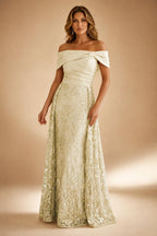 A-Line Metallic Satin Off Shoulder Bow Mother of the Bride & Groom Dresses with Floral Lace Appliques, Ruched Waist & Sweep Train (SHI22500425)