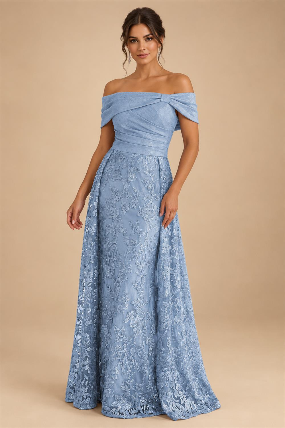 A-Line Metallic Satin Off Shoulder Bow Mother of the Bride & Groom Dresses with Floral Lace Appliques, Ruched Waist & Sweep Train (SHI22500425)