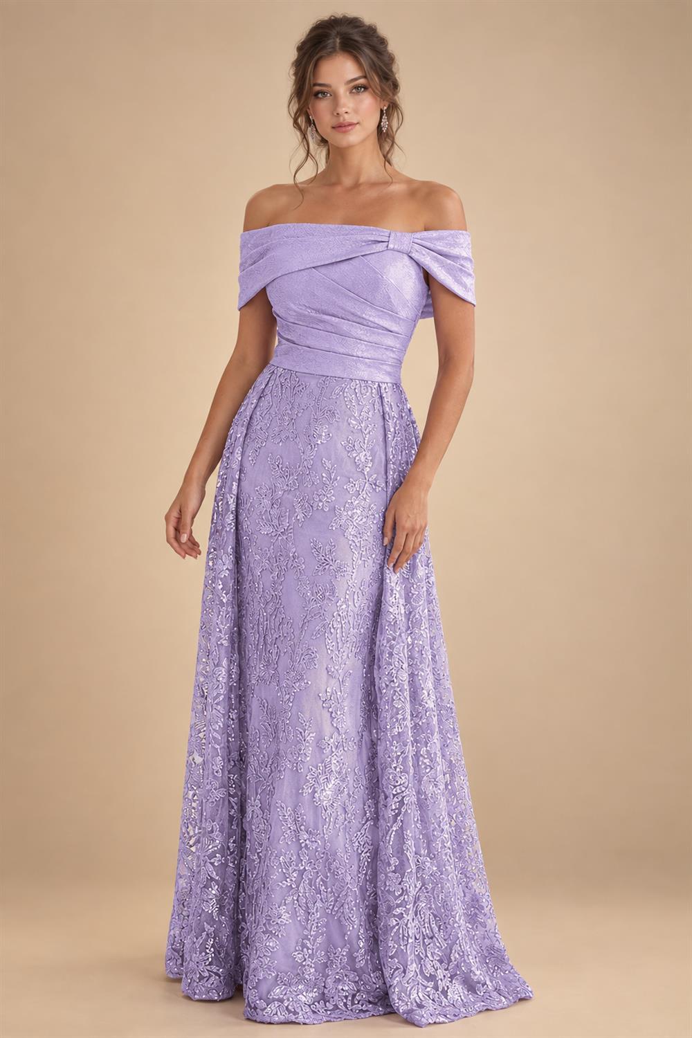 A-Line Metallic Satin Off Shoulder Bow Mother of the Bride & Groom Dresses with Floral Lace Appliques, Ruched Waist & Sweep Train (SHI22500425)