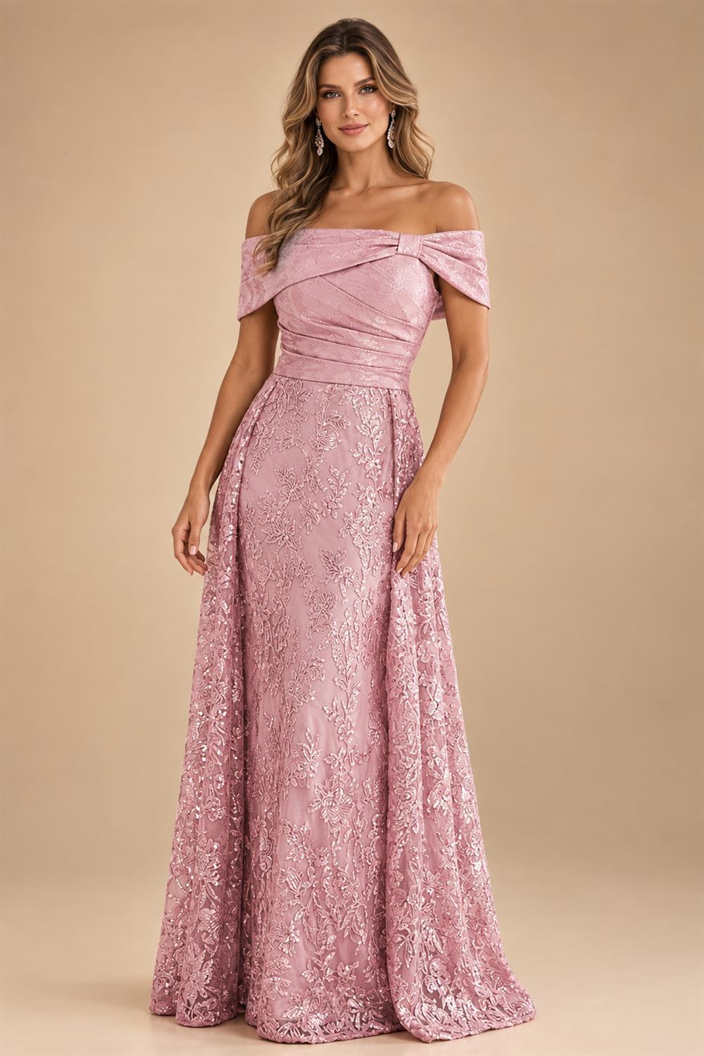 A-Line Metallic Satin Off Shoulder Bow Mother of the Bride & Groom Dresses with Floral Lace Appliques, Ruched Waist & Sweep Train (SHI22500425)