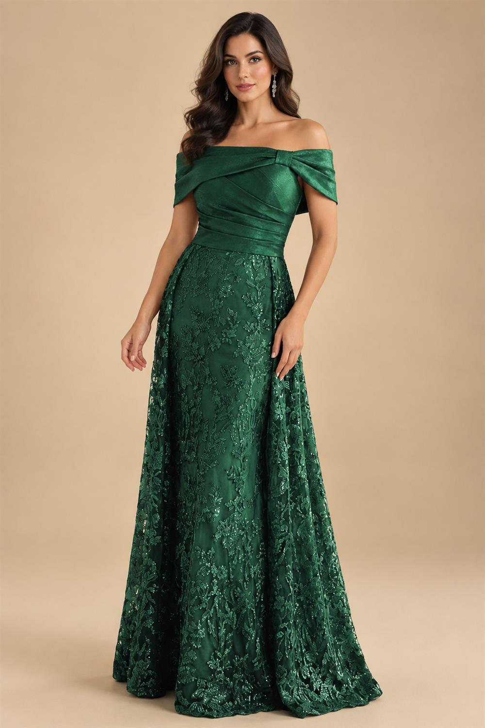 A-Line Metallic Satin Off Shoulder Bow Mother of the Bride & Groom Dresses with Floral Lace Appliques, Ruched Waist & Sweep Train (SHI22500425)