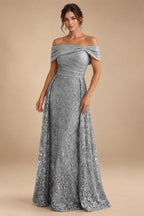 A-Line Metallic Satin Off Shoulder Bow Mother of the Bride & Groom Dresses with Floral Lace Appliques, Ruched Waist & Sweep Train (SHI22500425)