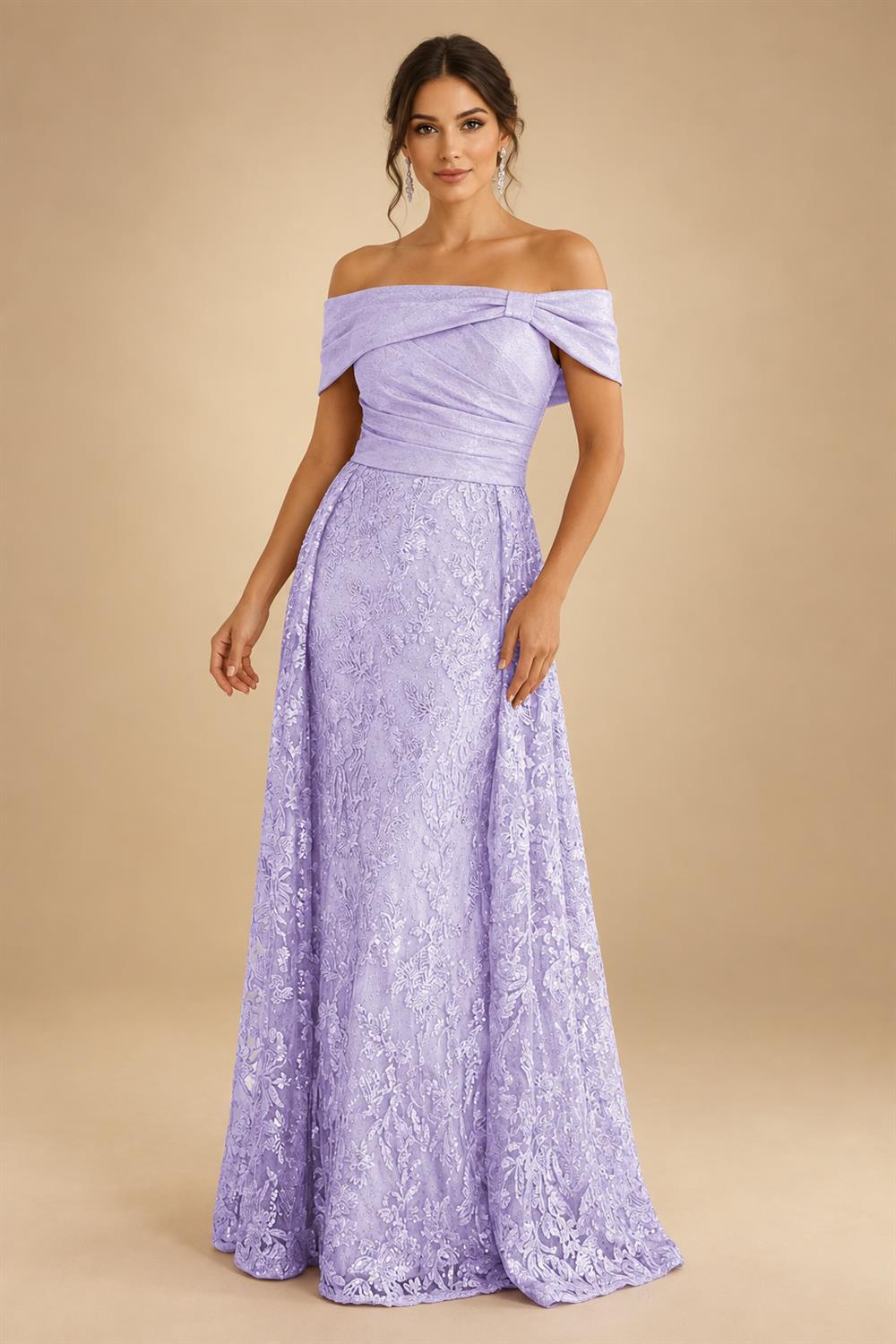 A-Line Metallic Satin Off Shoulder Bow Mother of the Bride & Groom Dresses with Floral Lace Appliques, Ruched Waist & Sweep Train (SHI22500425)