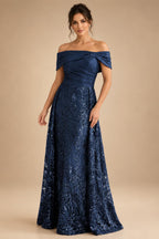 A-Line Metallic Satin Off Shoulder Bow Mother of the Bride & Groom Dresses with Floral Lace Appliques, Ruched Waist & Sweep Train (SHI22500425)