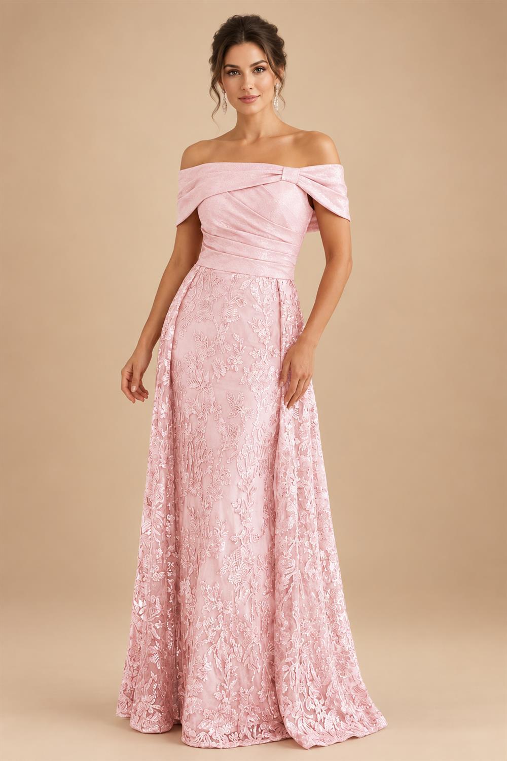 A-Line Metallic Satin Off Shoulder Bow Mother of the Bride & Groom Dresses with Floral Lace Appliques, Ruched Waist & Sweep Train (SHI22500425)