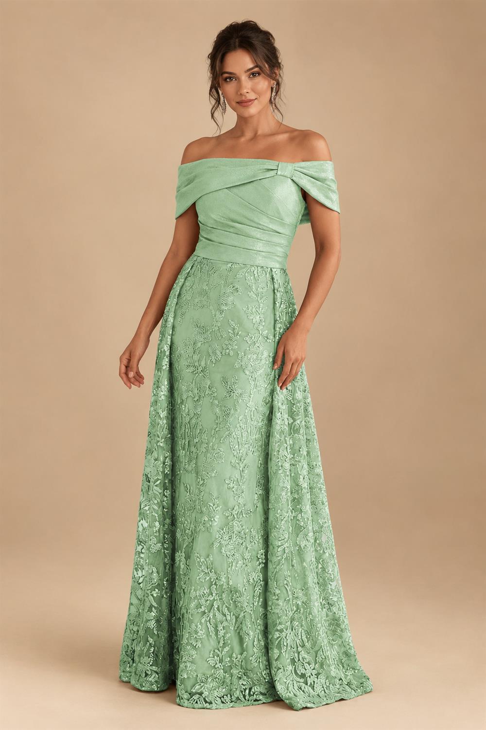 A-Line Metallic Satin Off Shoulder Bow Mother of the Bride & Groom Dresses with Floral Lace Appliques, Ruched Waist & Sweep Train (SHI22500425)