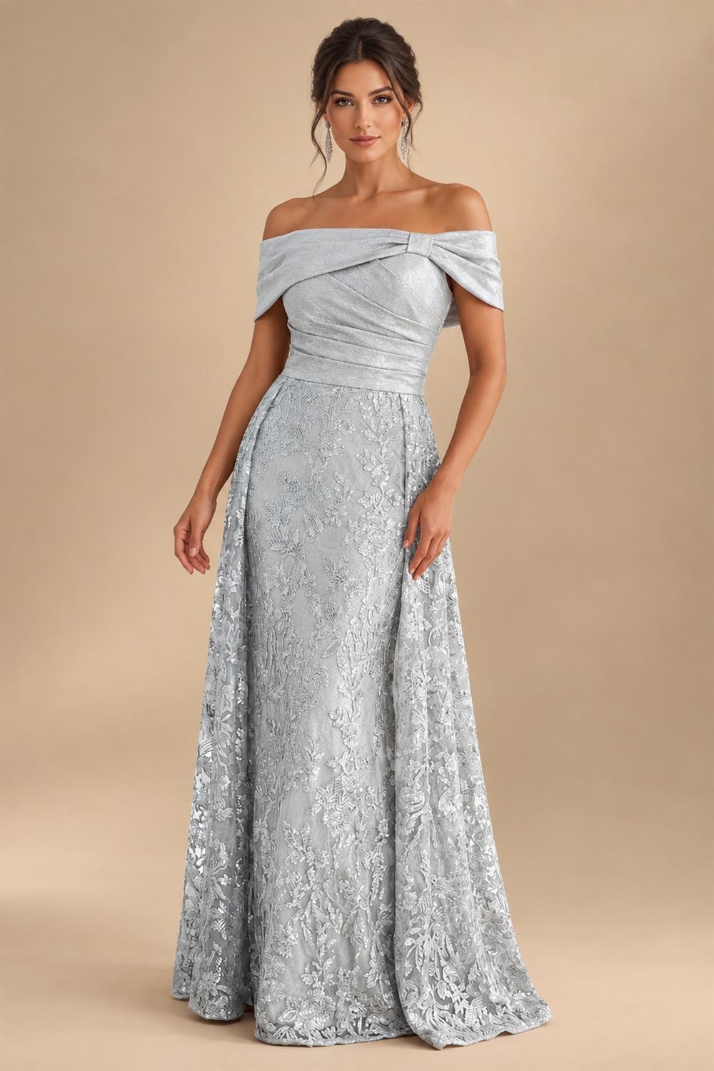 A-Line Metallic Satin Off Shoulder Bow Mother of the Bride & Groom Dresses with Floral Lace Appliques, Ruched Waist & Sweep Train (SHI22500425)
