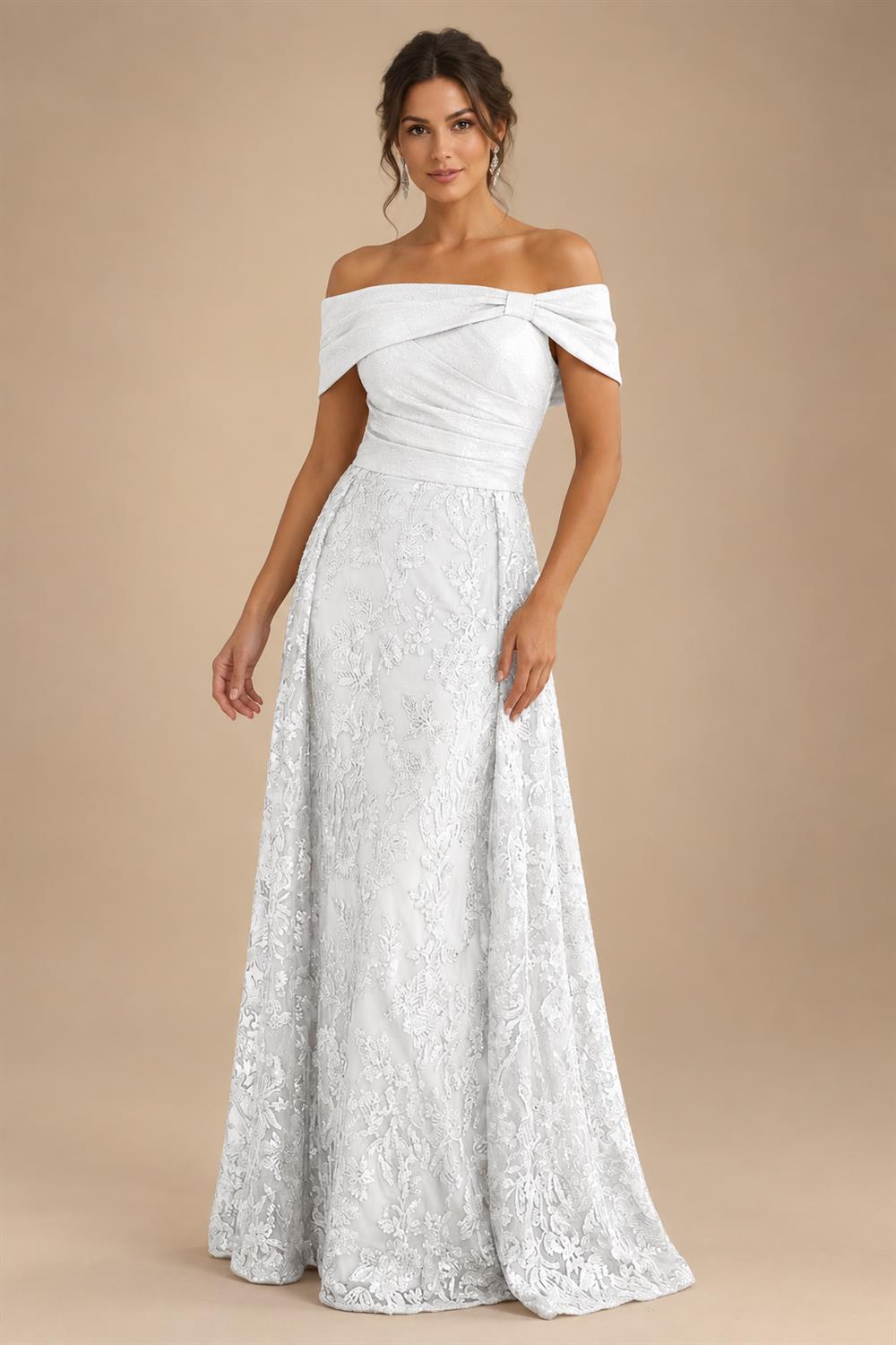 A-Line Metallic Satin Off Shoulder Bow Mother of the Bride & Groom Dresses with Floral Lace Appliques, Ruched Waist & Sweep Train (SHI22500425)
