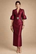 Sheath Satin Tea-Length Mother of the Bride & Groom Dresses with 3/4 Bell Sleeves & Crystal Embellished Belt (SHI22500471)