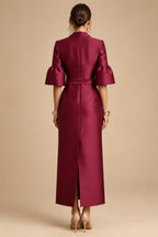 Sheath Satin Tea-Length Mother of the Bride & Groom Dresses with 3/4 Bell Sleeves & Crystal Embellished Belt (SHI22500471)