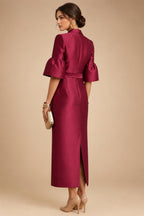 Sheath Satin Tea-Length Mother of the Bride & Groom Dresses with 3/4 Bell Sleeves & Crystal Embellished Belt (SHI22500471)