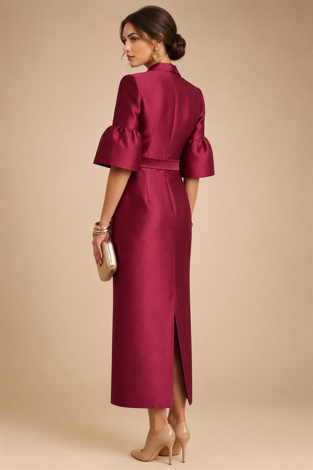 Sheath Satin Tea-Length Mother of the Bride & Groom Dresses with 3/4 Bell Sleeves & Crystal Embellished Belt (SHI22500471)
