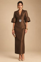 Sheath Satin Tea-Length Mother of the Bride & Groom Dresses with 3/4 Bell Sleeves & Crystal Embellished Belt (SHI22500471)