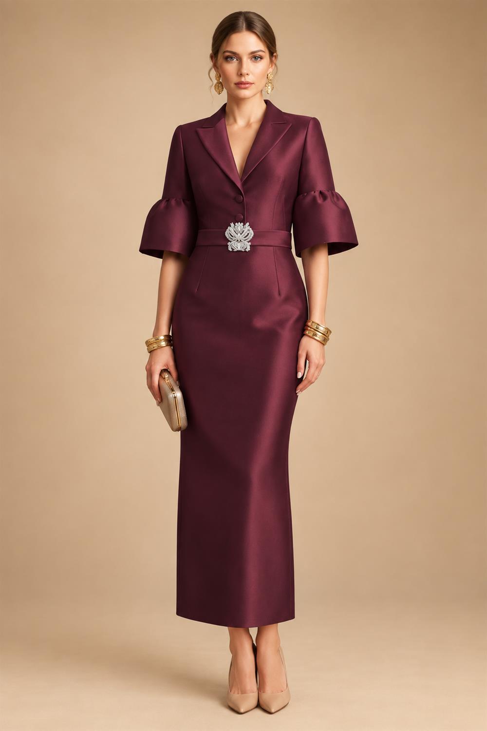 Sheath Satin Tea-Length Mother of the Bride & Groom Dresses with 3/4 Bell Sleeves & Crystal Embellished Belt (SHI22500471)