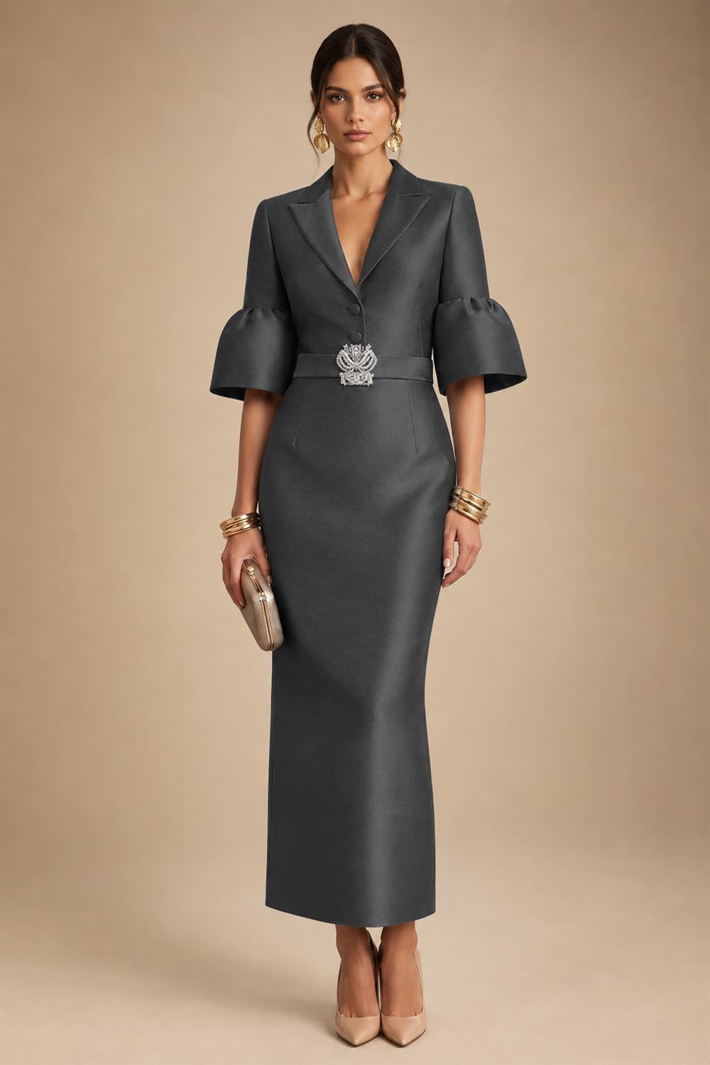 Sheath Satin Tea-Length Mother of the Bride & Groom Dresses with 3/4 Bell Sleeves & Crystal Embellished Belt (SHI22500471)