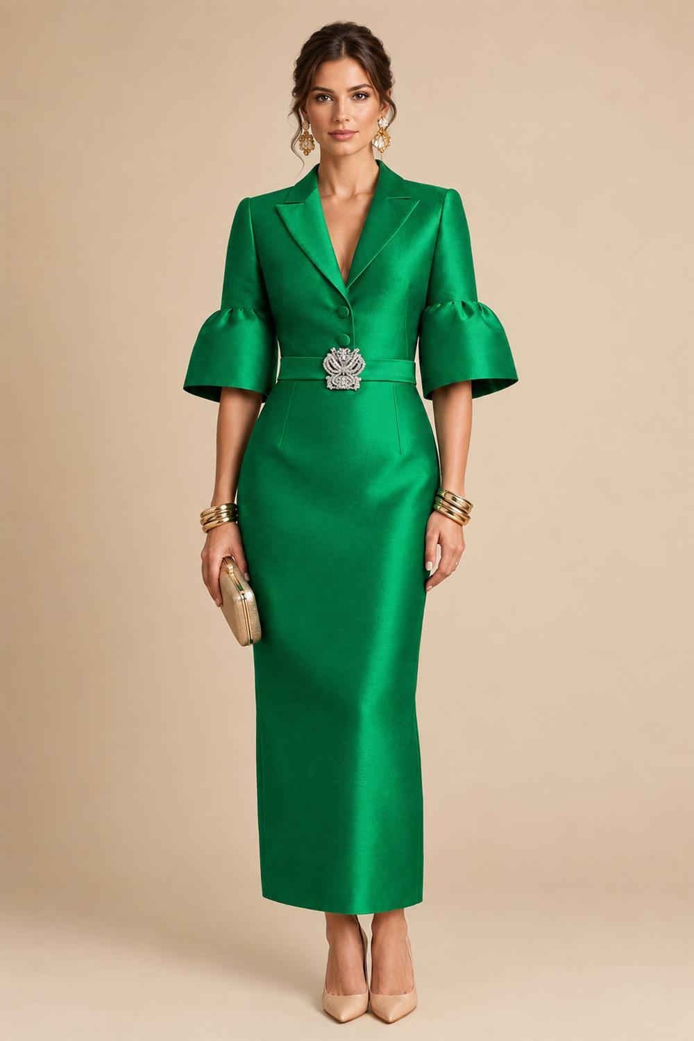 Sheath Satin Tea-Length Mother of the Bride & Groom Dresses with 3/4 Bell Sleeves & Crystal Embellished Belt (SHI22500471)
