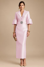 Sheath Satin Tea-Length Mother of the Bride & Groom Dresses with 3/4 Bell Sleeves & Crystal Embellished Belt (SHI22500471)