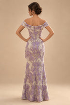Sheath Floral Jacquard Off Shoulder Mother of the Bride & Groom Dresses with Flower (SHI22500777)
