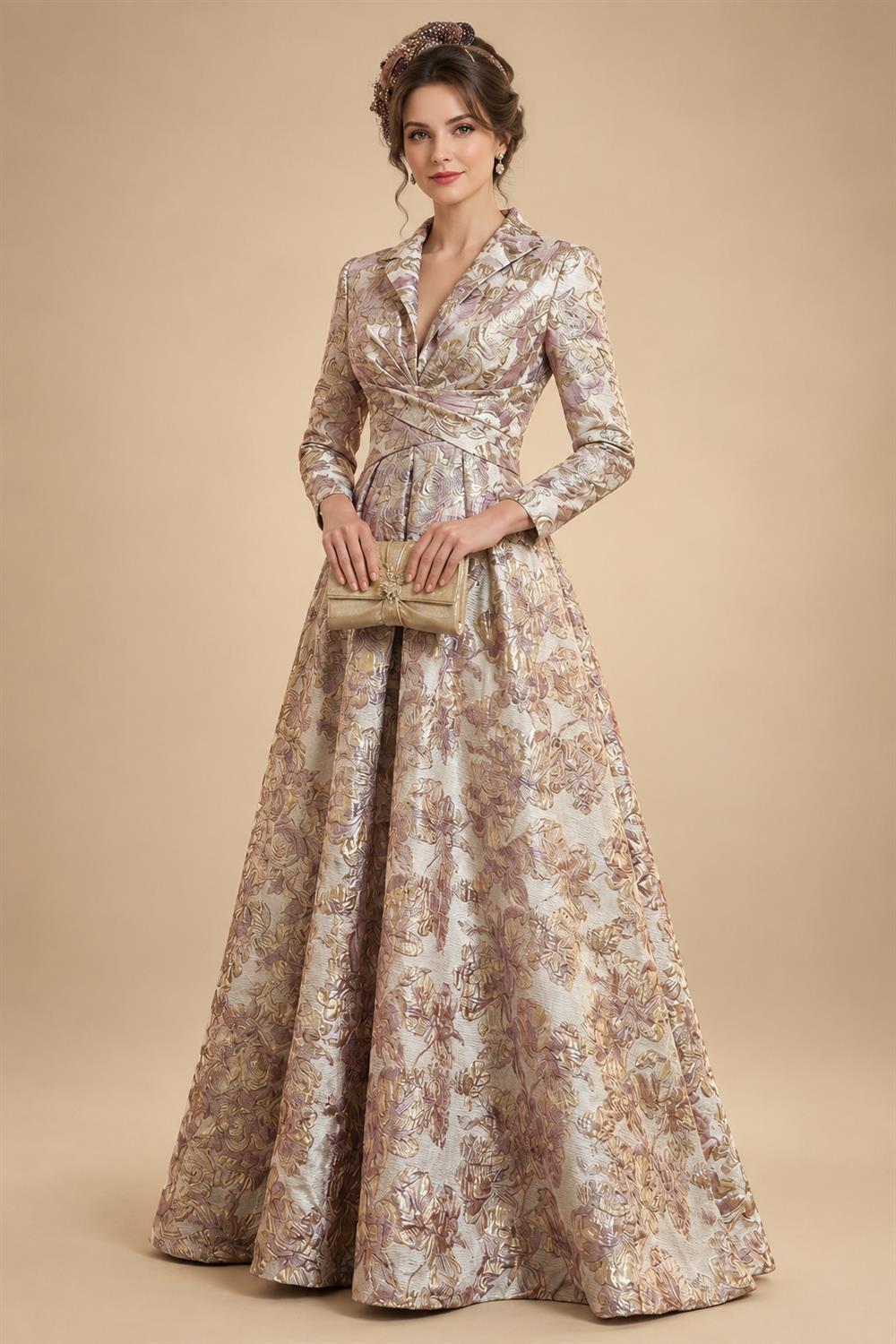 Jacquard A-Line/Princess V-Neck Floor-Length Mother of the Bride & Groom Dresses with Ruched Waist & Pockets (SHI22501298)