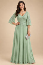 A-Line Chiffon 3/4 Flutter Sleeves Mother of the Bride & Groom Dresses with Beaded Lace Embroidered Bodice (SHI22500645)