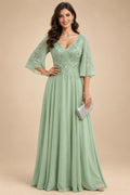 A-Line Chiffon 3/4 Flutter Sleeves Mother of the Bride & Groom Dresses with Beaded Lace Embroidered Bodice (SHI22500645)