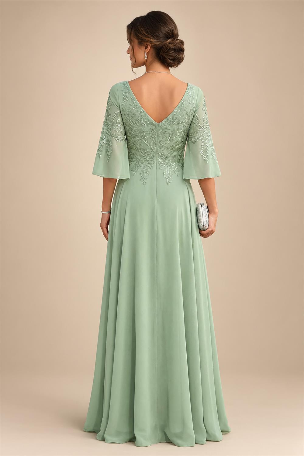A-Line Chiffon 3/4 Flutter Sleeves Mother of the Bride & Groom Dresses with Beaded Lace Embroidered Bodice (SHI22500645)