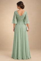 A-Line Chiffon 3/4 Flutter Sleeves Mother of the Bride & Groom Dresses with Beaded Lace Embroidered Bodice (SHI22500645)
