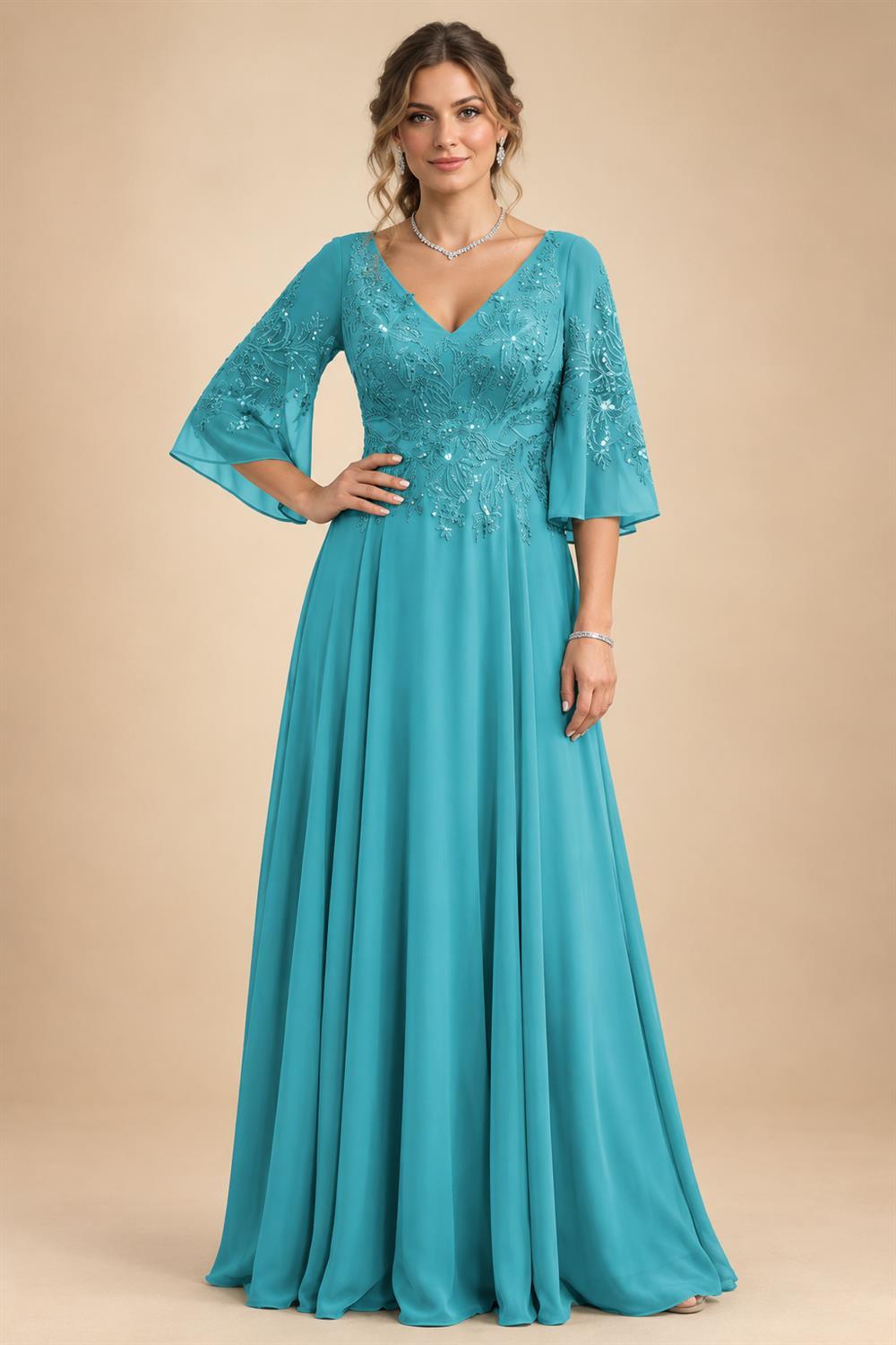 A-Line Chiffon 3/4 Flutter Sleeves Mother of the Bride & Groom Dresses with Beaded Lace Embroidered Bodice (SHI22500645)