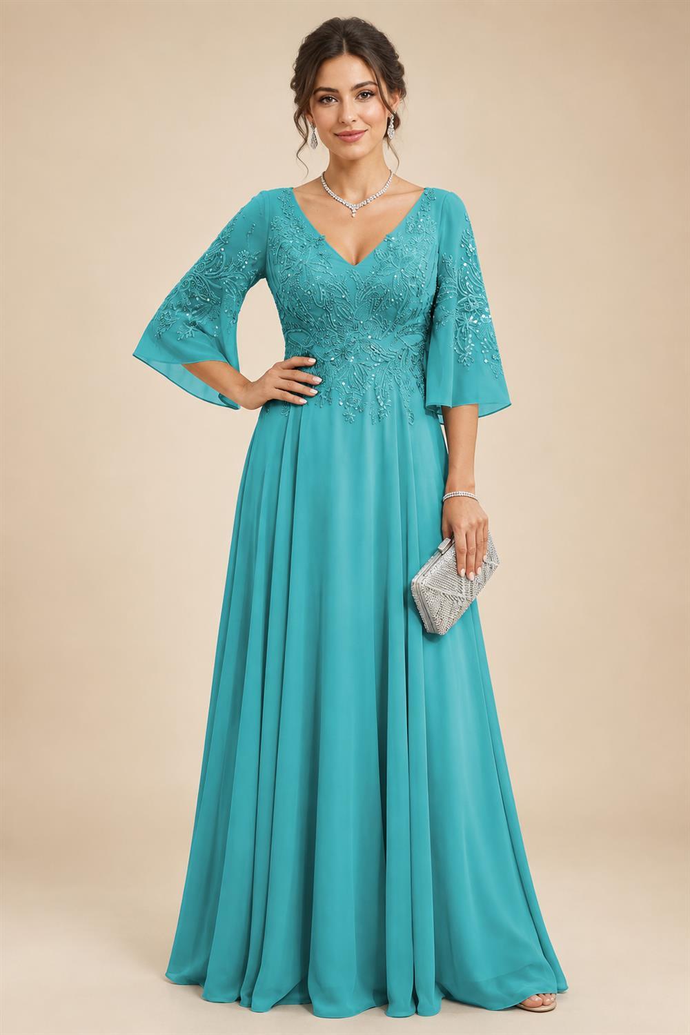 A-Line Chiffon 3/4 Flutter Sleeves Mother of the Bride & Groom Dresses with Beaded Lace Embroidered Bodice (SHI22500645)