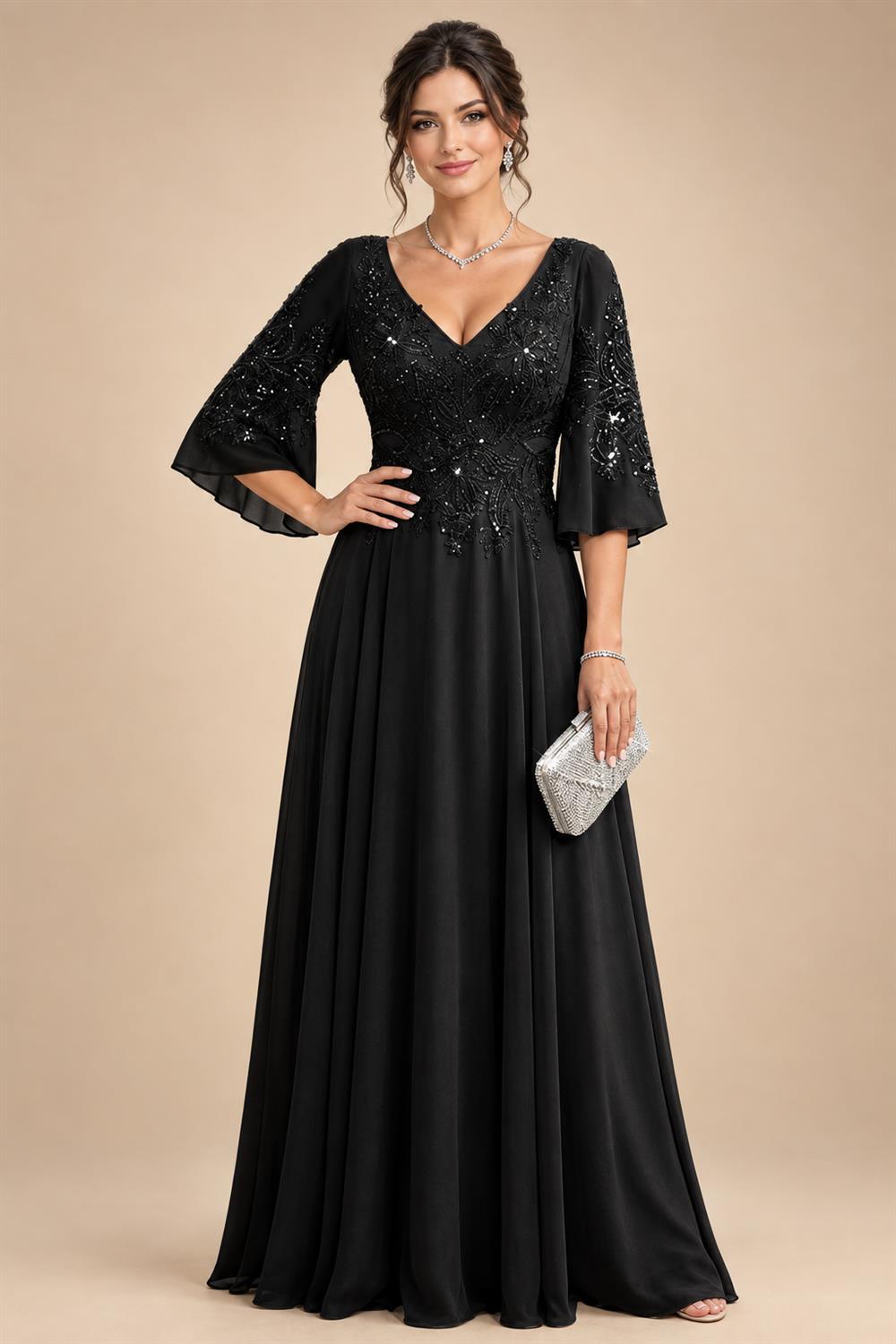 A-Line Chiffon 3/4 Flutter Sleeves Mother of the Bride & Groom Dresses with Beaded Lace Embroidered Bodice (SHI22500645)