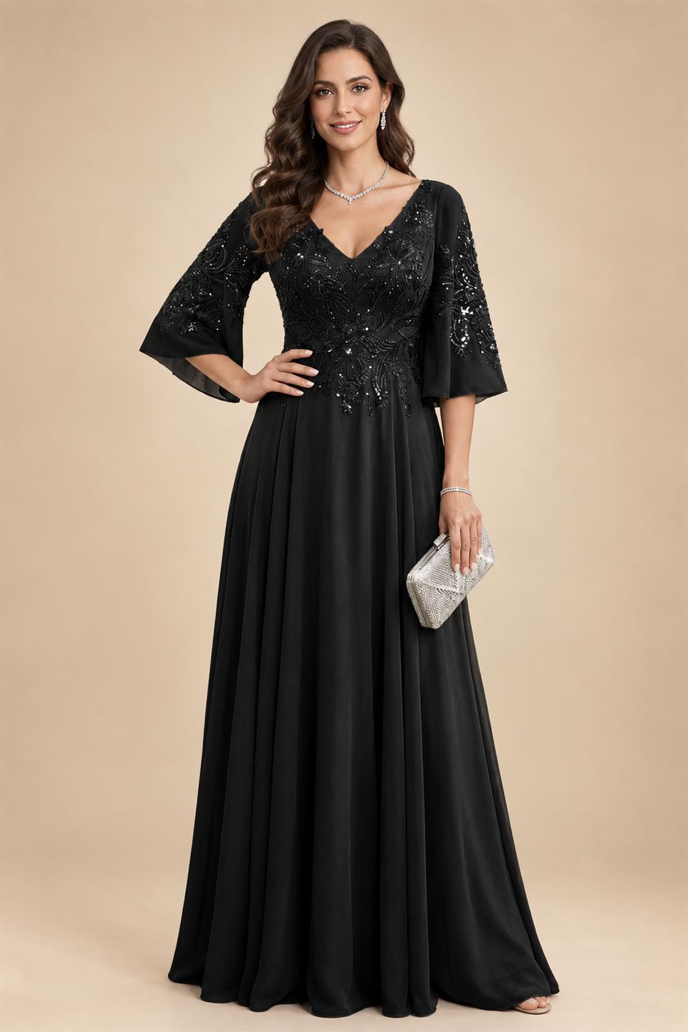 A-Line Chiffon 3/4 Flutter Sleeves Mother of the Bride & Groom Dresses with Beaded Lace Embroidered Bodice (SHI22500645)