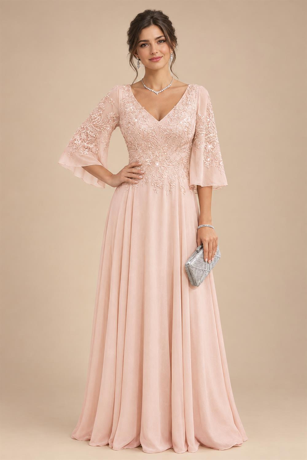 A-Line Chiffon 3/4 Flutter Sleeves Mother of the Bride & Groom Dresses with Beaded Lace Embroidered Bodice (SHI22500645)