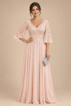 A-Line Chiffon 3/4 Flutter Sleeves Mother of the Bride & Groom Dresses with Beaded Lace Embroidered Bodice (SHI22500645)