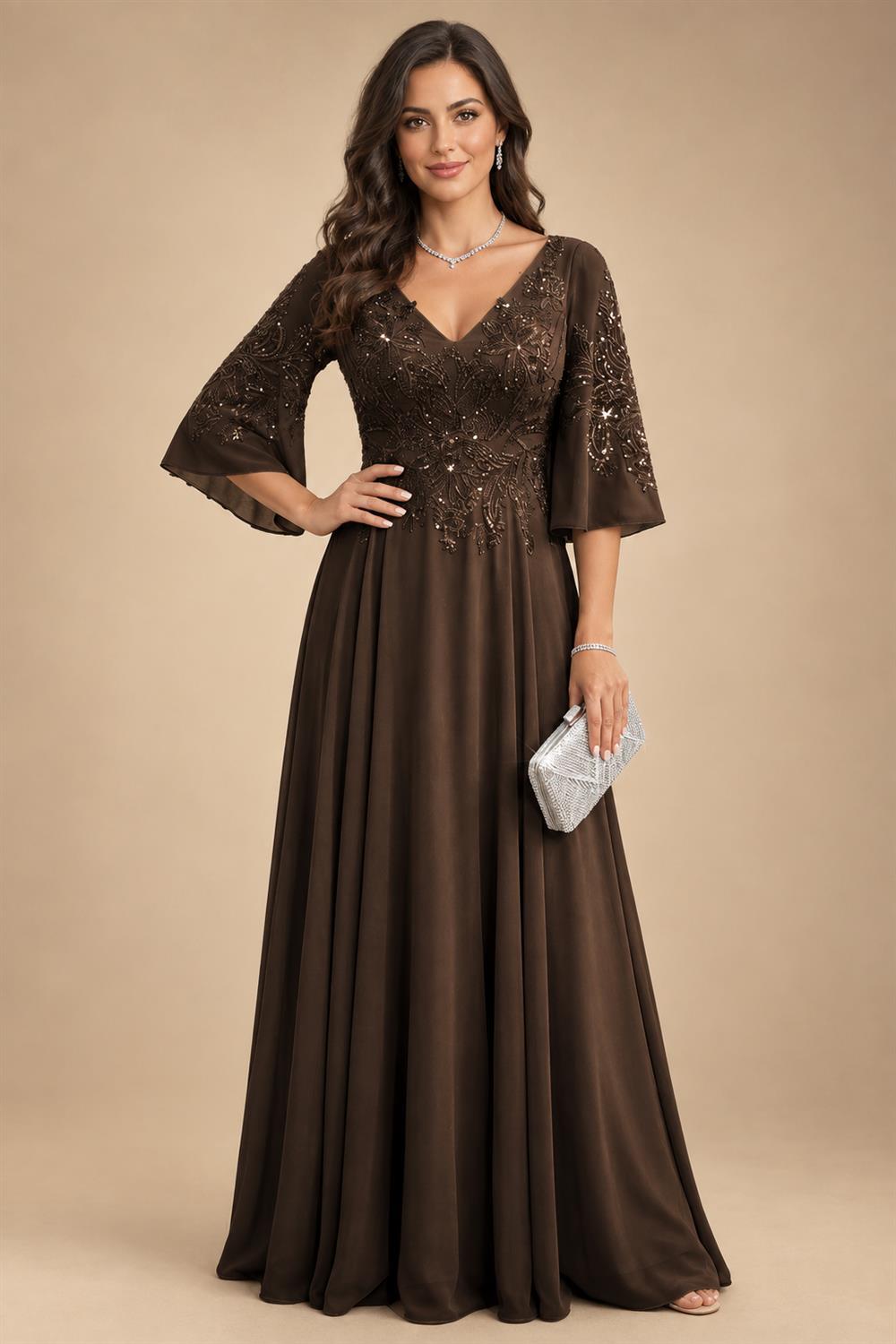 A-Line Chiffon 3/4 Flutter Sleeves Mother of the Bride & Groom Dresses with Beaded Lace Embroidered Bodice (SHI22500645)