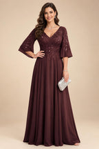A-Line Chiffon 3/4 Flutter Sleeves Mother of the Bride & Groom Dresses with Beaded Lace Embroidered Bodice (SHI22500645)