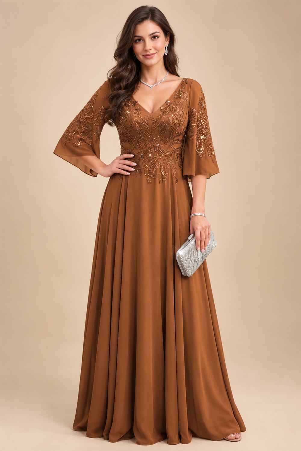 A-Line Chiffon 3/4 Flutter Sleeves Mother of the Bride & Groom Dresses with Beaded Lace Embroidered Bodice (SHI22500645)