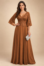A-Line Chiffon 3/4 Flutter Sleeves Mother of the Bride & Groom Dresses with Beaded Lace Embroidered Bodice (SHI22500645)