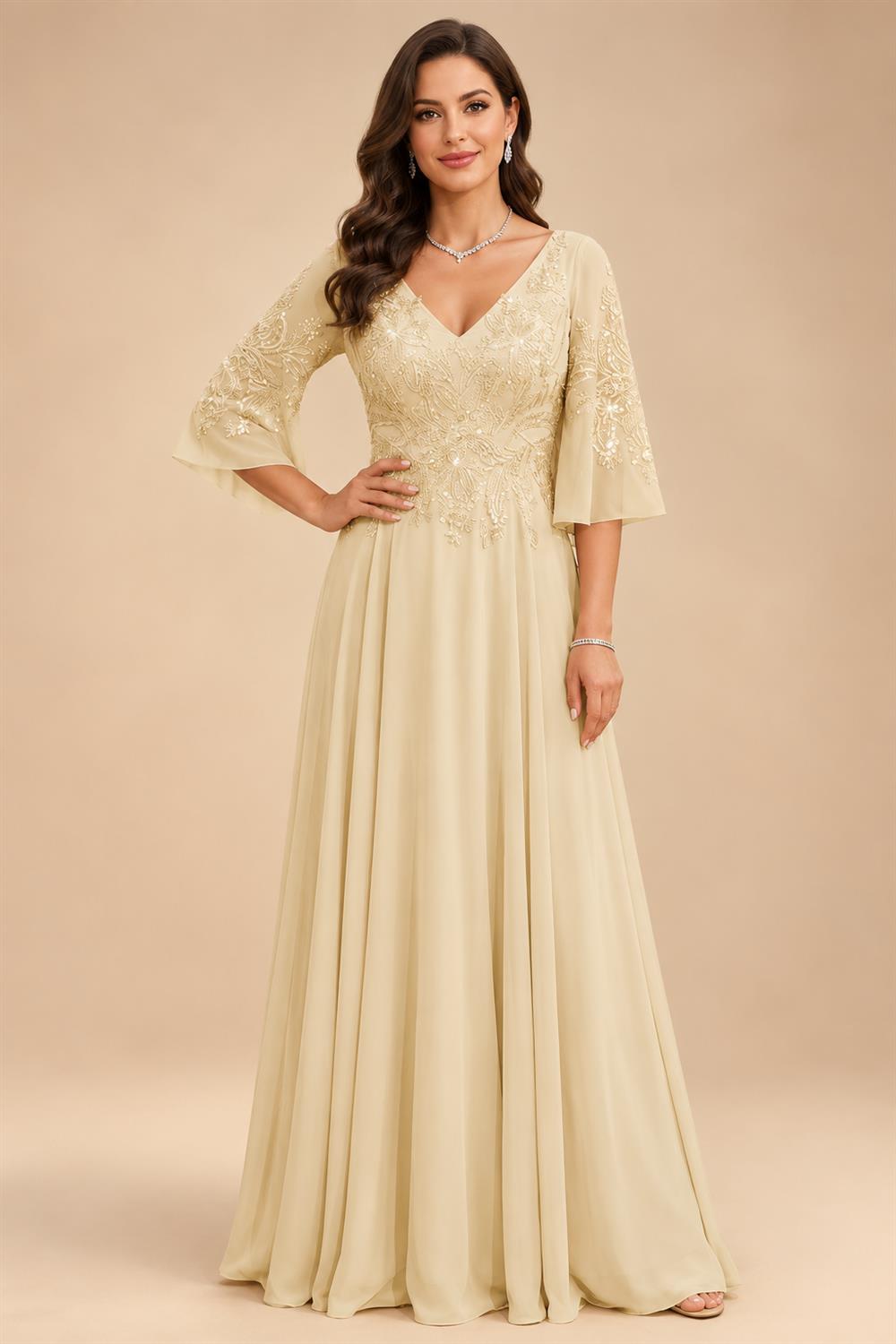 A-Line Chiffon 3/4 Flutter Sleeves Mother of the Bride & Groom Dresses with Beaded Lace Embroidered Bodice (SHI22500645)