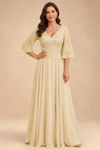 A-Line Chiffon 3/4 Flutter Sleeves Mother of the Bride & Groom Dresses with Beaded Lace Embroidered Bodice (SHI22500645)