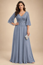 A-Line Chiffon 3/4 Flutter Sleeves Mother of the Bride & Groom Dresses with Beaded Lace Embroidered Bodice (SHI22500645)