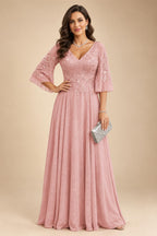 A-Line Chiffon 3/4 Flutter Sleeves Mother of the Bride & Groom Dresses with Beaded Lace Embroidered Bodice (SHI22500645)