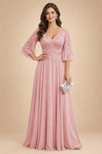 A-Line Chiffon 3/4 Flutter Sleeves Mother of the Bride & Groom Dresses with Beaded Lace Embroidered Bodice (SHI22500645)