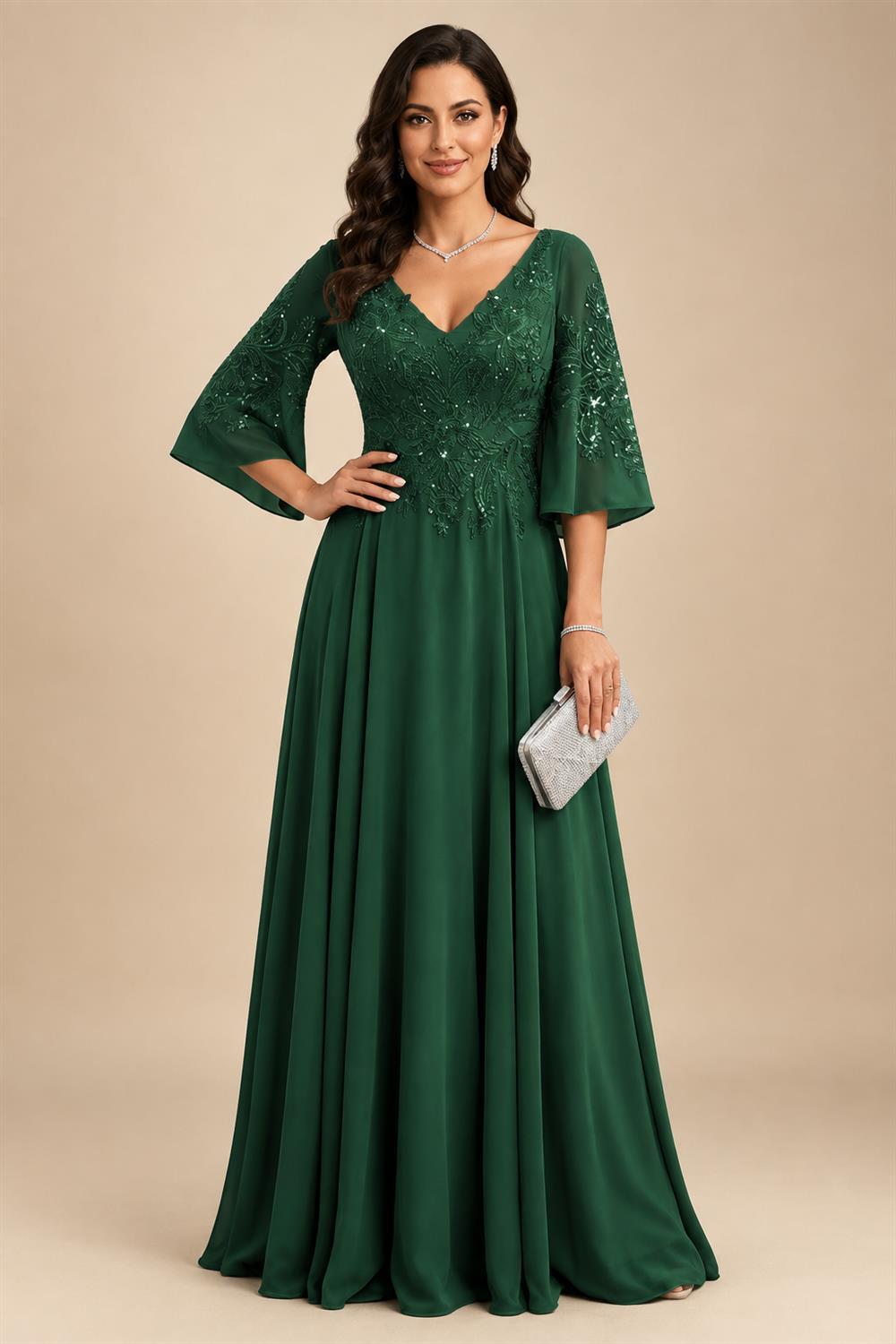 A-Line Chiffon 3/4 Flutter Sleeves Mother of the Bride & Groom Dresses with Beaded Lace Embroidered Bodice (SHI22500645)