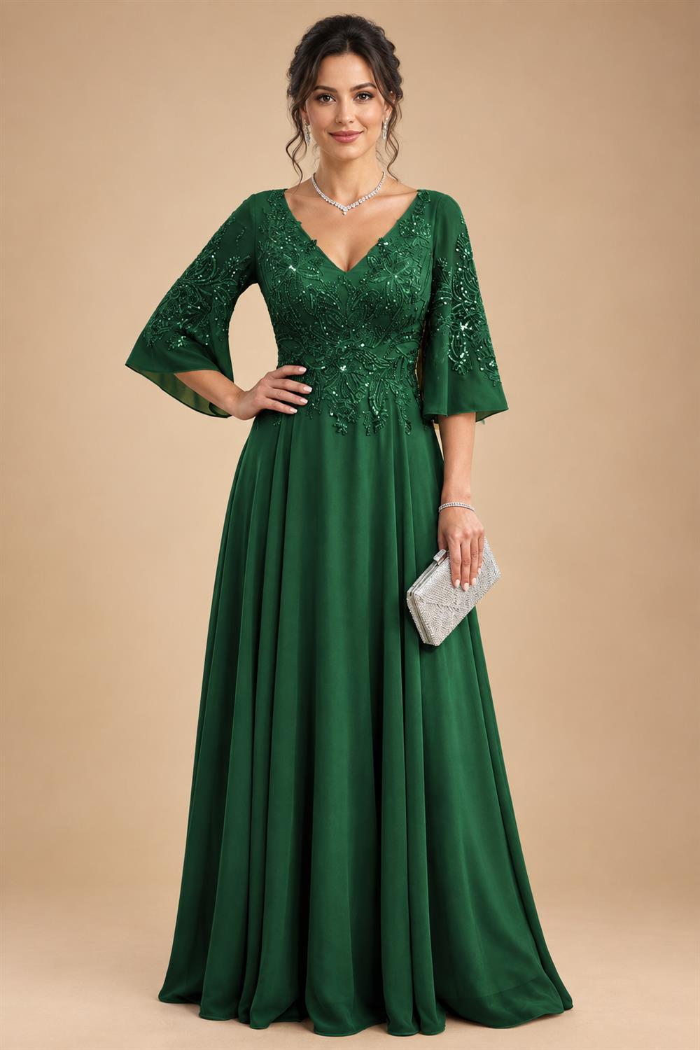 A-Line Chiffon 3/4 Flutter Sleeves Mother of the Bride & Groom Dresses with Beaded Lace Embroidered Bodice (SHI22500645)