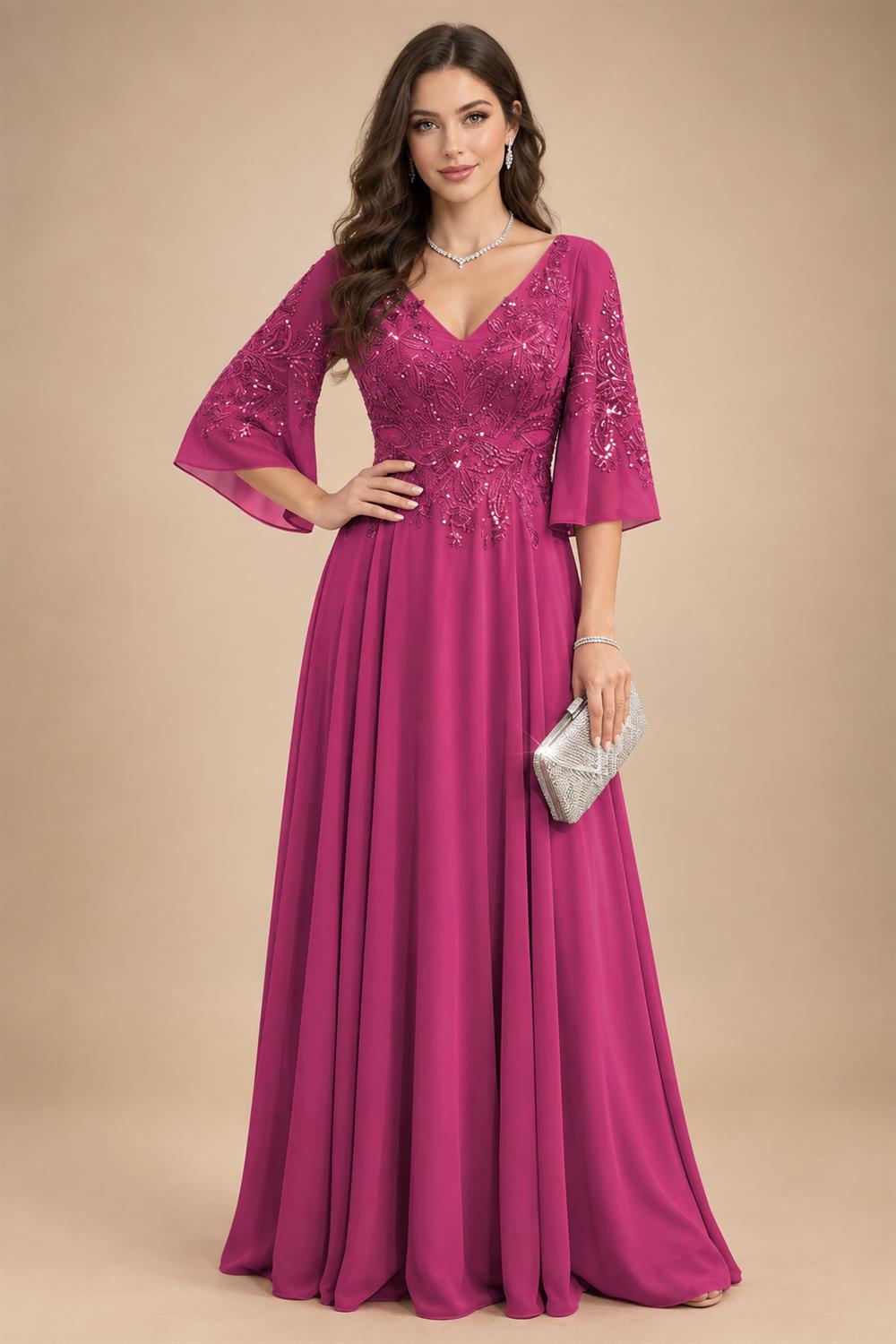 A-Line Chiffon 3/4 Flutter Sleeves Mother of the Bride & Groom Dresses with Beaded Lace Embroidered Bodice (SHI22500645)