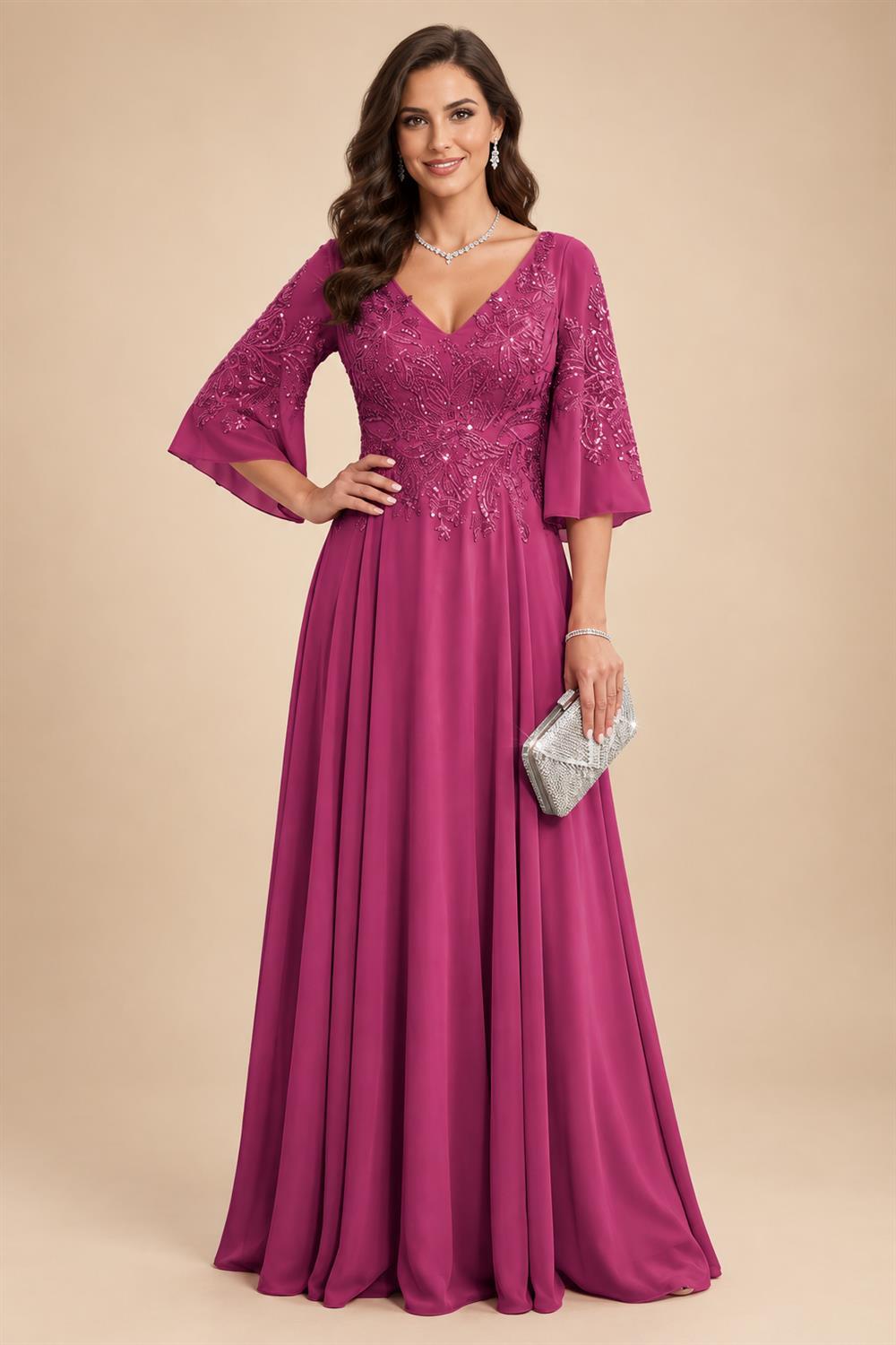 A-Line Chiffon 3/4 Flutter Sleeves Mother of the Bride & Groom Dresses with Beaded Lace Embroidered Bodice (SHI22500645)